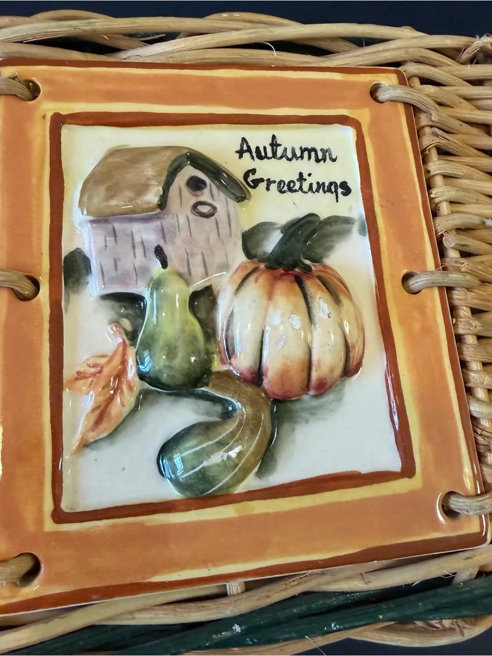 Woven Wicker Basket Autumn Pumpkin Fall Painted Ceramic Tile Country Farmhouse
